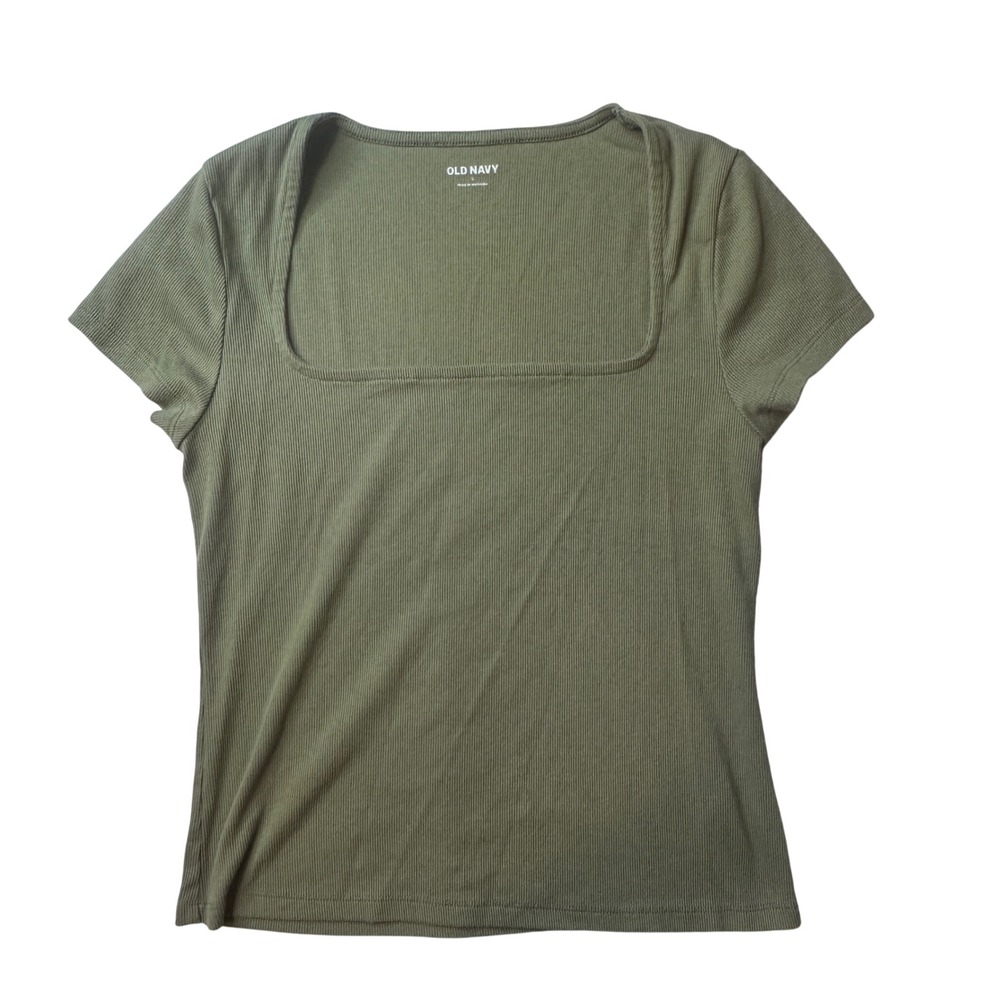 Old Navy Top Womens L Green SS Square Neck‎ Alpine Tundra Ribbed Short Sleeve